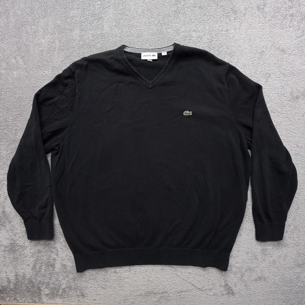Lacoste Sweater Mens 2XL Black V Neck Pullover Cotton Lightweight Embroidered‎